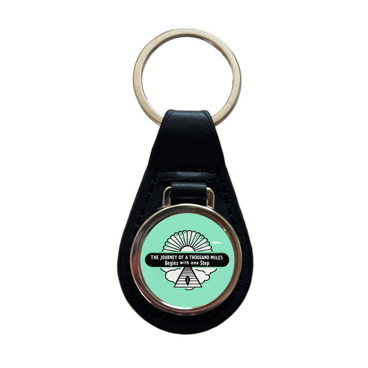 The Journey Of A Thousand Miles Begins With One Step Inspirational Black Leather Metal Keychain