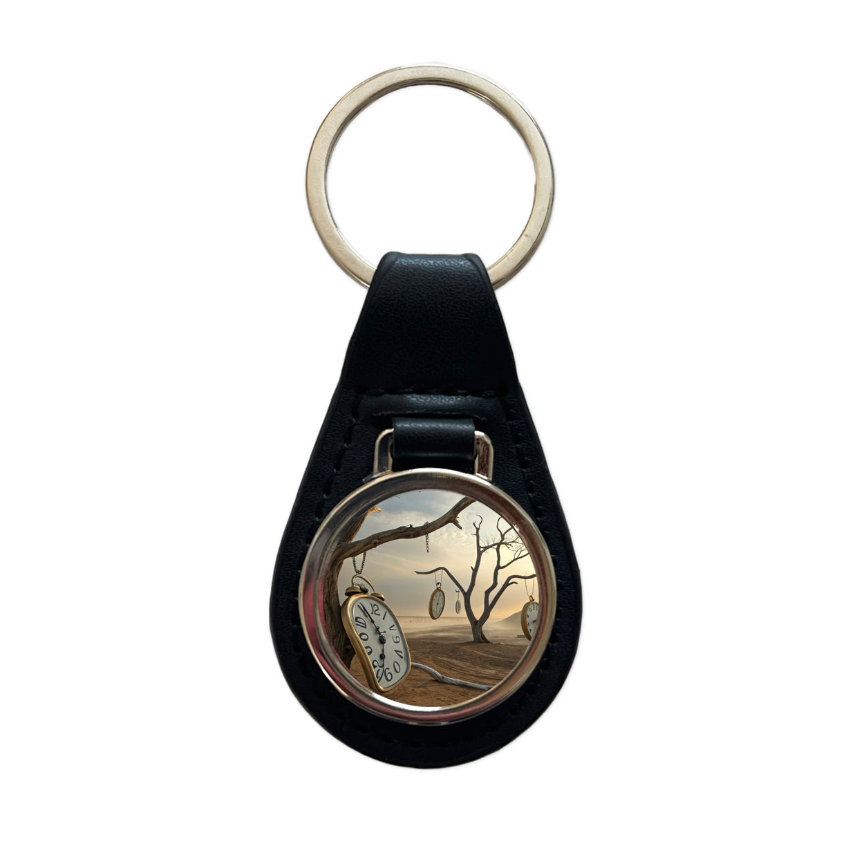 The Persistence Of Memory By Salvador Dali Parody Clocks Black Leather Metal Keychain