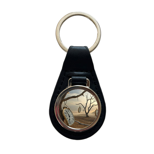 The Persistence Of Memory By Salvador Dali Parody Clocks Black Leather Metal Keychain