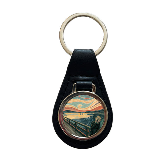 The Scream By Edvard Munch Parody Black Leather Metal Keychain