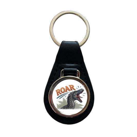 Therizinosaurus Roar Bold Dinosaur Black Leather Metal Keychain
