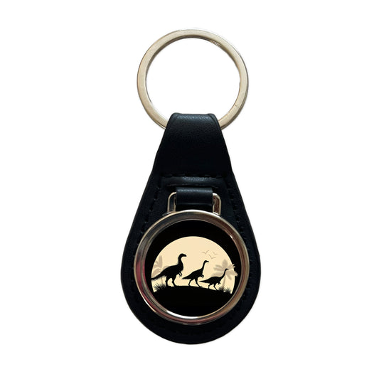 Therizinosaurus Silhouettes Dinosaurs Black Leather Metal Keychain