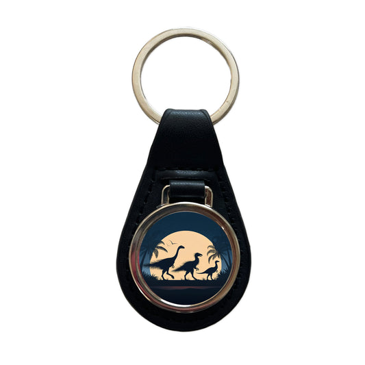 Therizinosaurus Silhouettes Night Dinosaurs Black Leather Metal Keychain