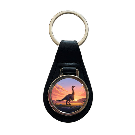 Therizinosaurus Sunset Sunrise Dinosaur Black Leather Metal Keychain