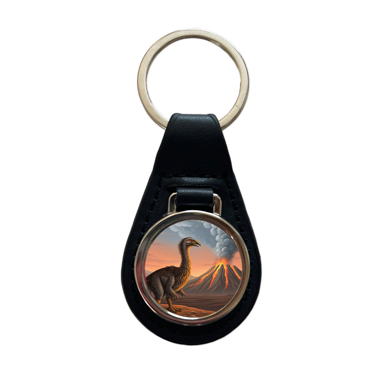 Therizinosaurus Volcano Erupting Dinosaur Black Leather Metal Keychain