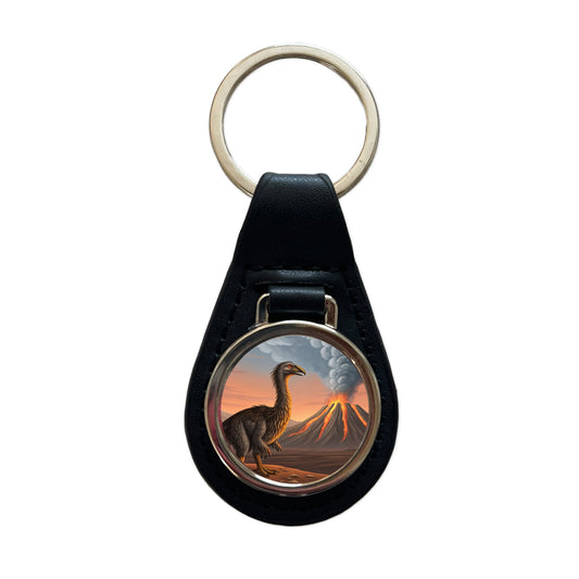 Therizinosaurus Volcano Erupting Dinosaur Black Leather Metal Keychain
