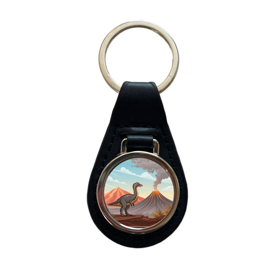Therizinosaurus Volcano Black Leather Metal Keychain