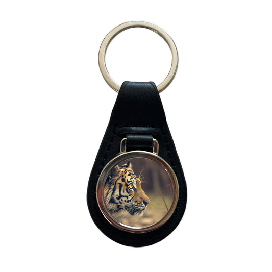 Tiger Eye Face Side View Black Leather Metal Keychain