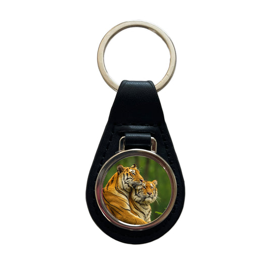 Tigers Hug Love Black Leather Metal Keychain