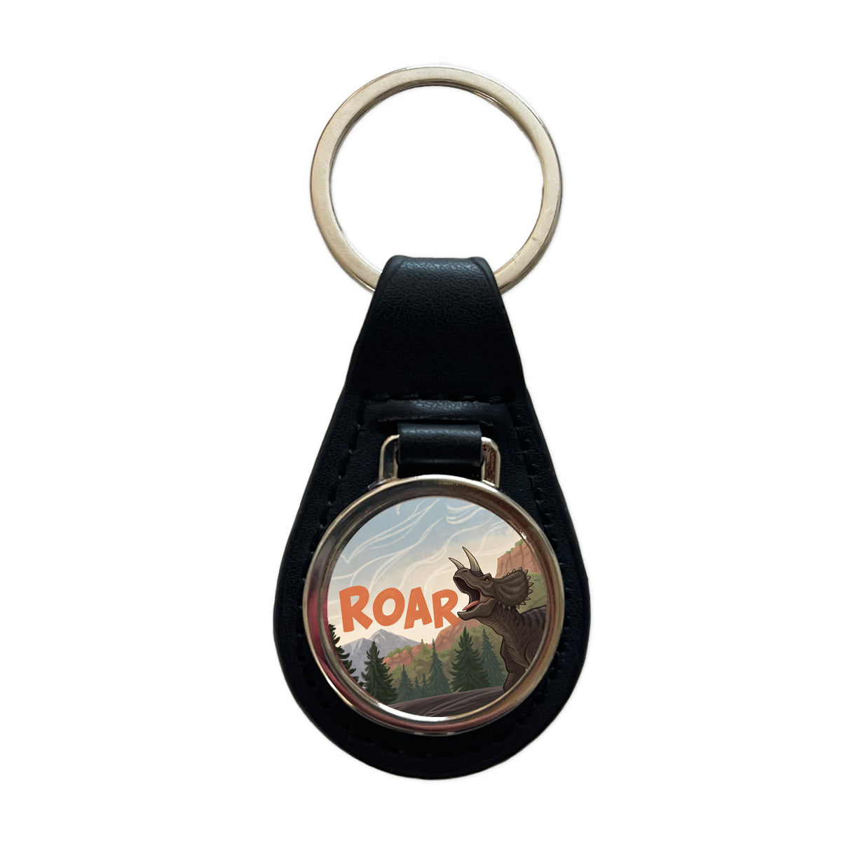 Triceratops Roar Bold Dinosaur Black Leather Metal Keychain