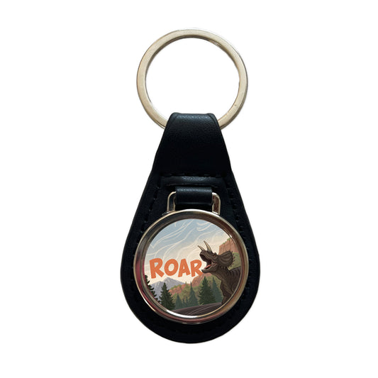Triceratops Roar Bold Dinosaur Black Leather Metal Keychain