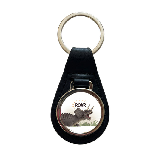 Triceratops Roar Dinosaur Black Leather Metal Keychain