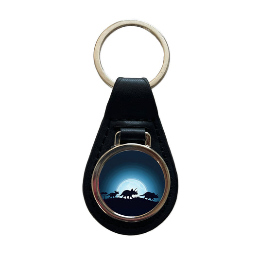Triceratops Silhouettes Dinosaur Black Leather Metal Keychain