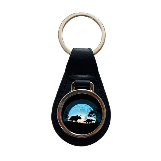 Triceratops Silhouettes Night Dinosaurs Black Leather Metal Keychain