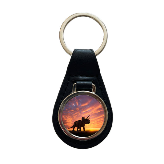Triceratops Sunset Sunrise Dinosaur Black Leather Metal Keychain