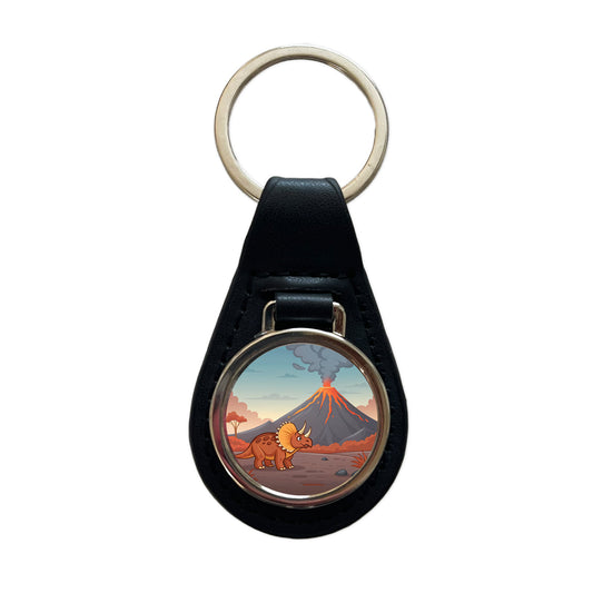 Triceratops Volcano Dinosaur Black Leather Metal Keychain