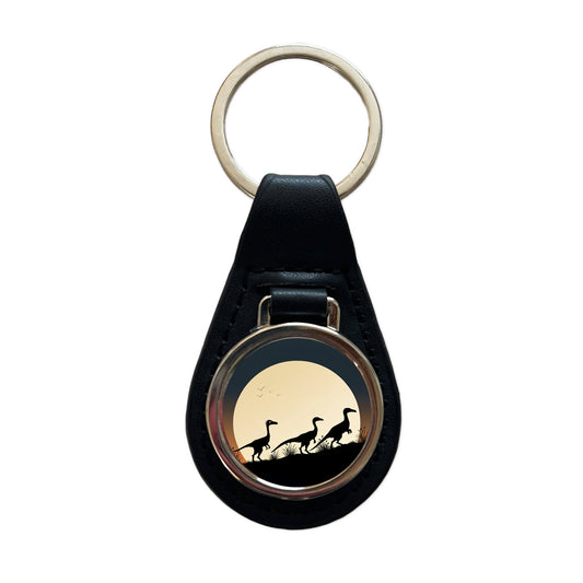 Troodon Silhouettes Dinosaurs Black Leather Metal Keychain