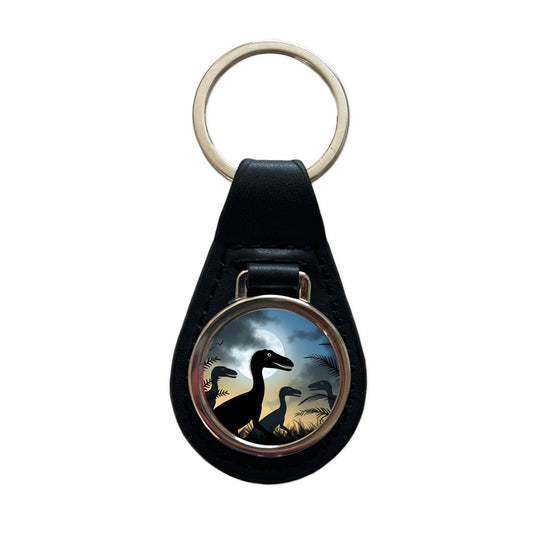 Troodon Silhouettes Night Dinosaurs Black Leather Metal Keychain