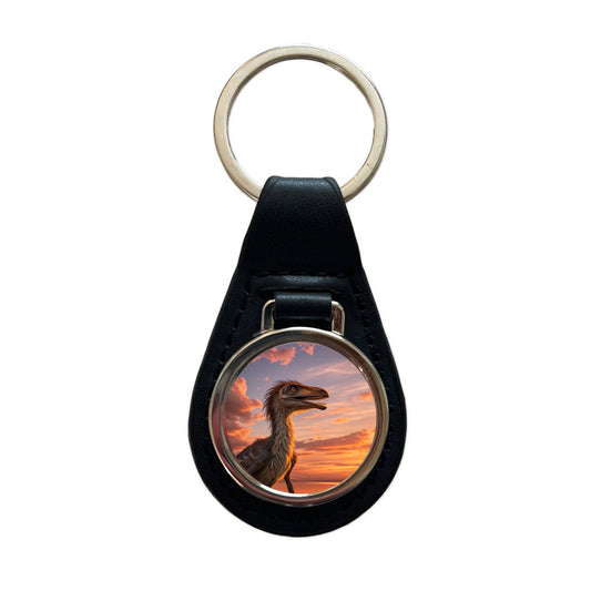Troodon Sunset Dinosaur Black Leather Metal Keychain