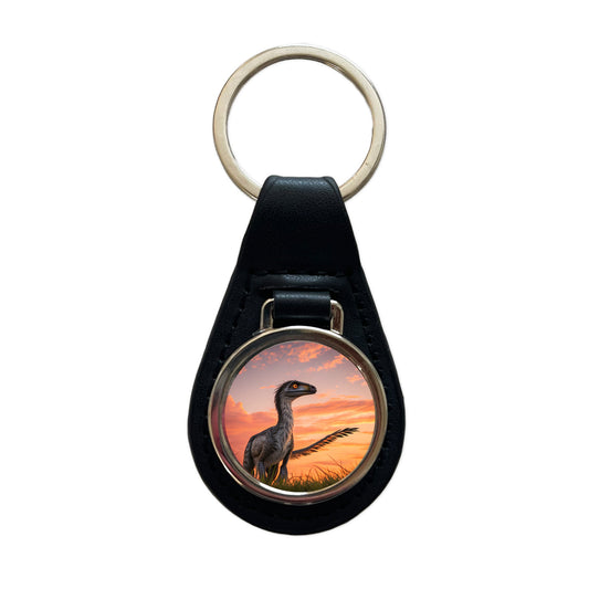 Troodon Sunset Sunrise Dinosaur Black Leather Metal Keychain