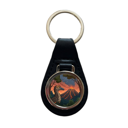 Troodon Volcano Dinosaur Black Leather Metal Keychain