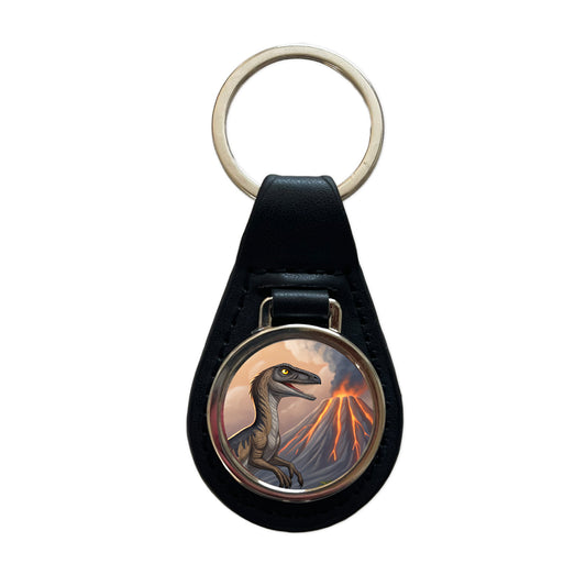 Troodon Volcano Erupting Dinosaur Black Leather Metal Keychain