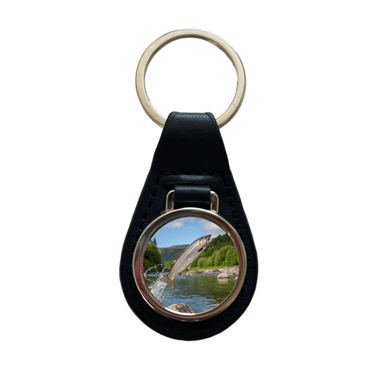 Trout Fish Jumping Fishing River Black Leather Metal Keychain