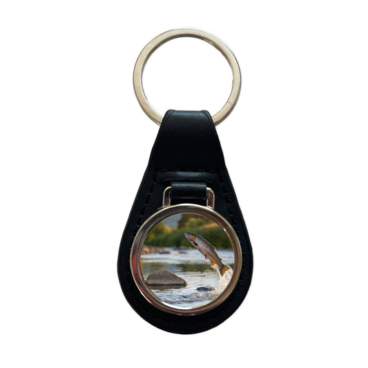 Trout Fish Jumping Fishing Black Leather Metal Keychain