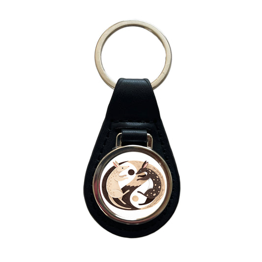 Two Aardvarks Yin Yang Black Leather Metal Keychain