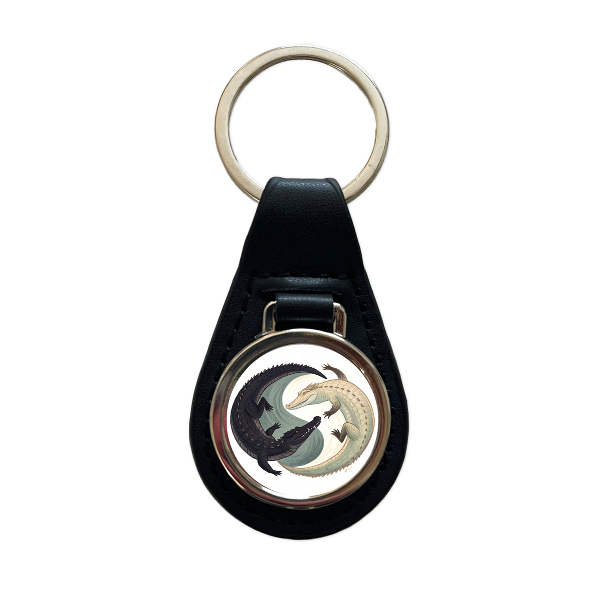Two Alligators Yin Yang Black Leather Metal Keychain