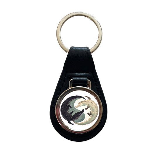 Two Alligators Yin Yang Black Leather Metal Keychain
