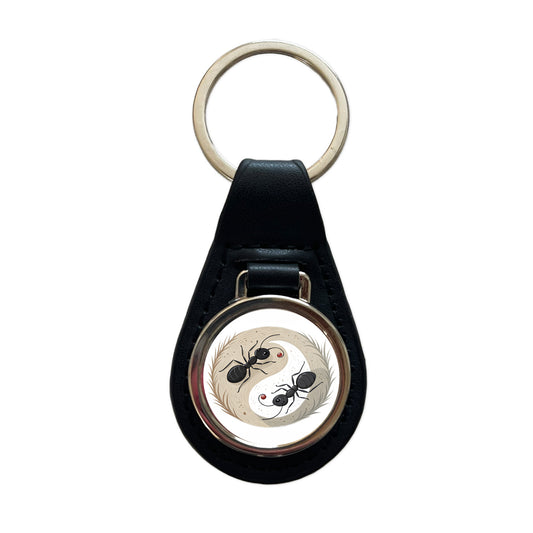 Two Ants Yin Yang Black Leather Metal Keychain