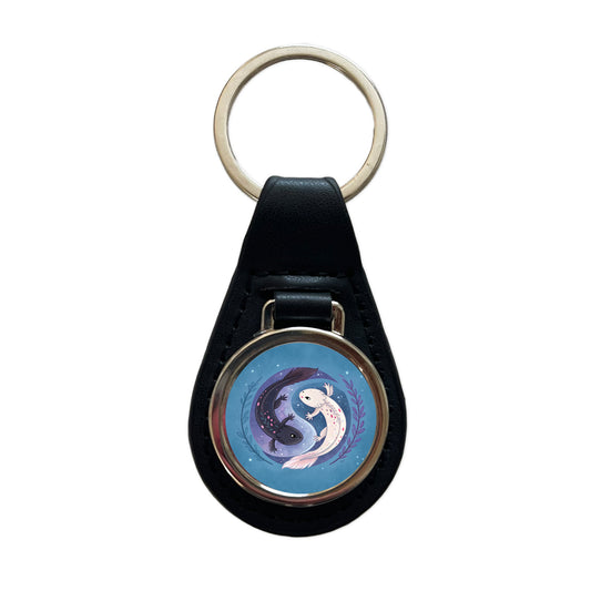 Two Axolotl Yin Yang Black Leather Metal Keychain