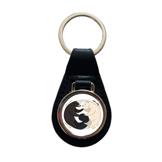 Two Bears Yin Yang Black Leather Metal Keychain