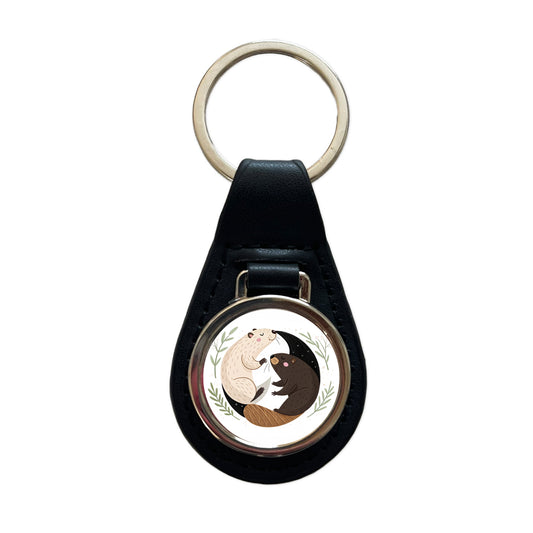 Two Beavers Yin Yang Cute Black Leather Metal Keychain