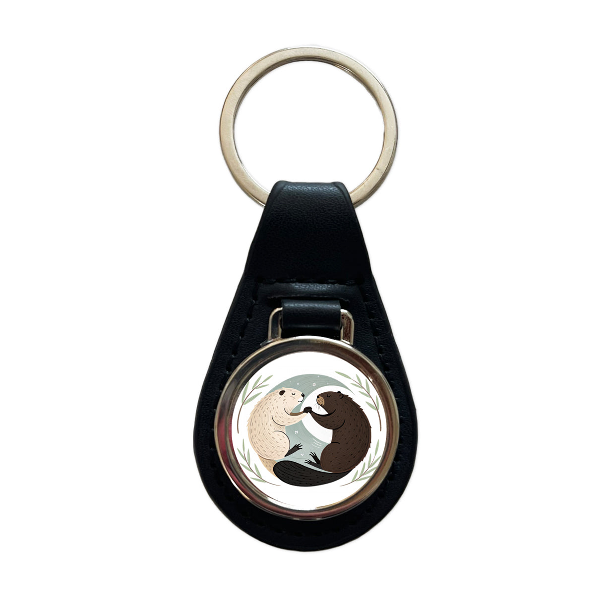 Two Beavers Yin Yang Black Leather Metal Keychain