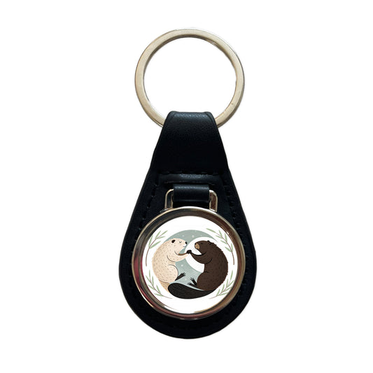 Two Beavers Yin Yang Black Leather Metal Keychain