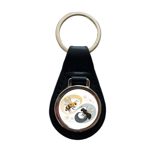 Two Bees Yin Yang Black Leather Metal Keychain