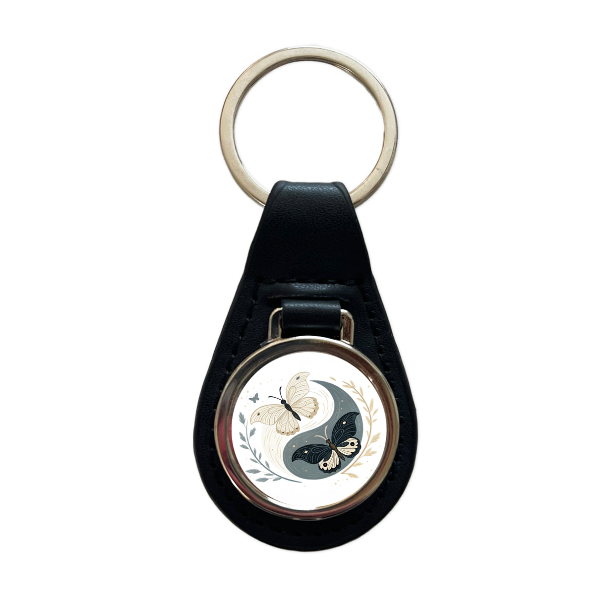 Two Butterflies Yin Yang Black Leather Metal Keychain