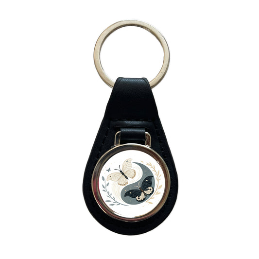Two Butterflies Yin Yang Black Leather Metal Keychain