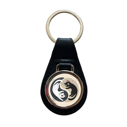 Two Cats Yin Yang Black White Black Leather Metal Keychain