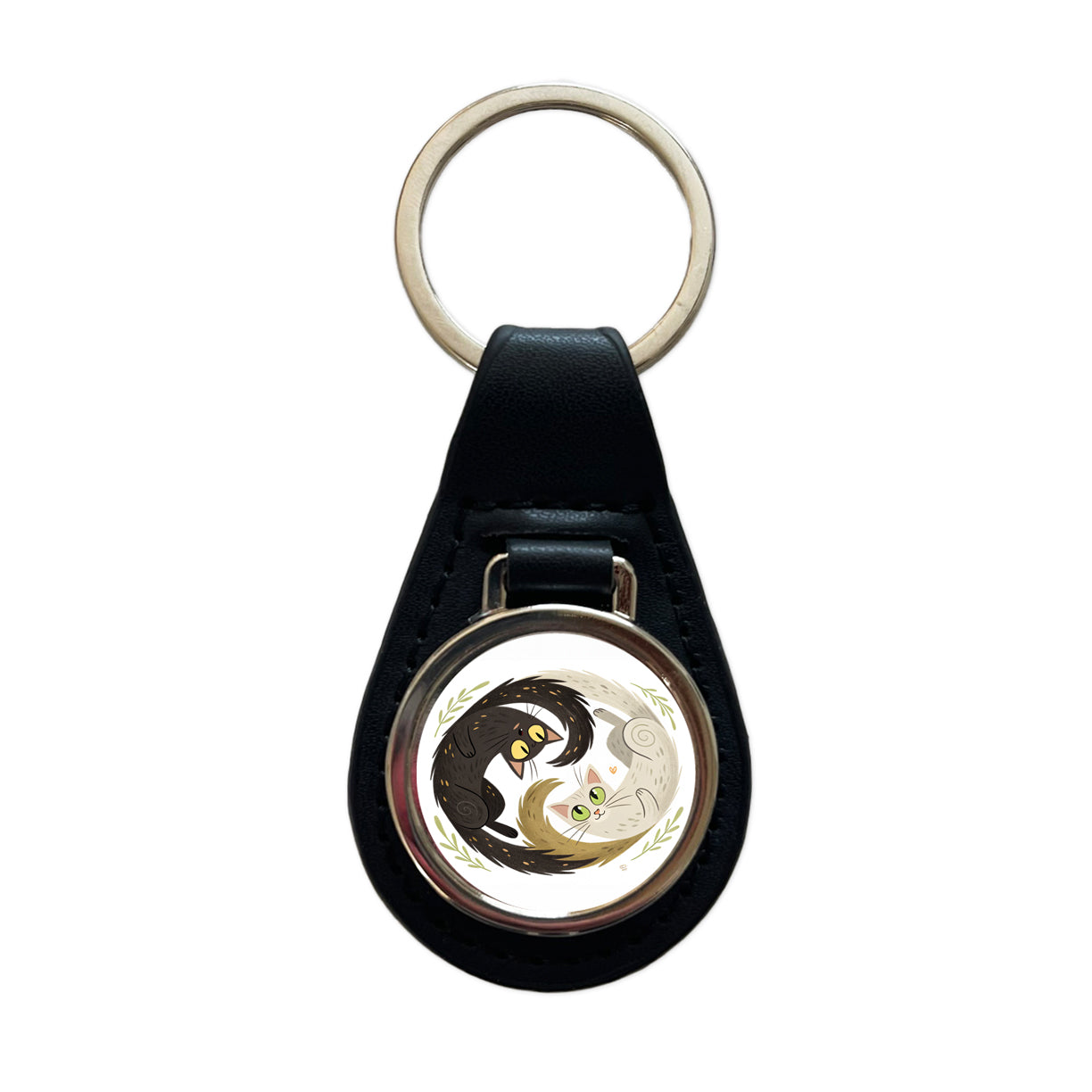Two Cats Yin Yang Black Leather Metal Keychain