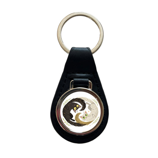 Two Cats Yin Yang Black Leather Metal Keychain