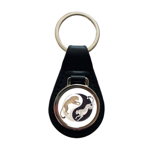 Two Cheetahs Yin Yang Black Leather Metal Keychain
