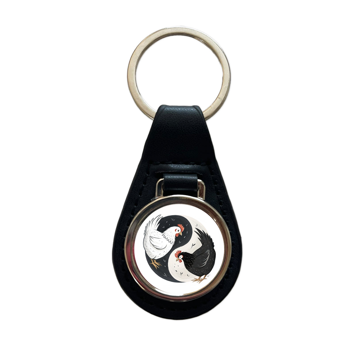 Two Chickens Yin Yang White Black Black Leather Metal Keychain
