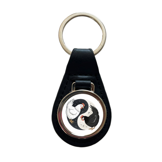 Two Chickens Yin Yang White Black Black Leather Metal Keychain
