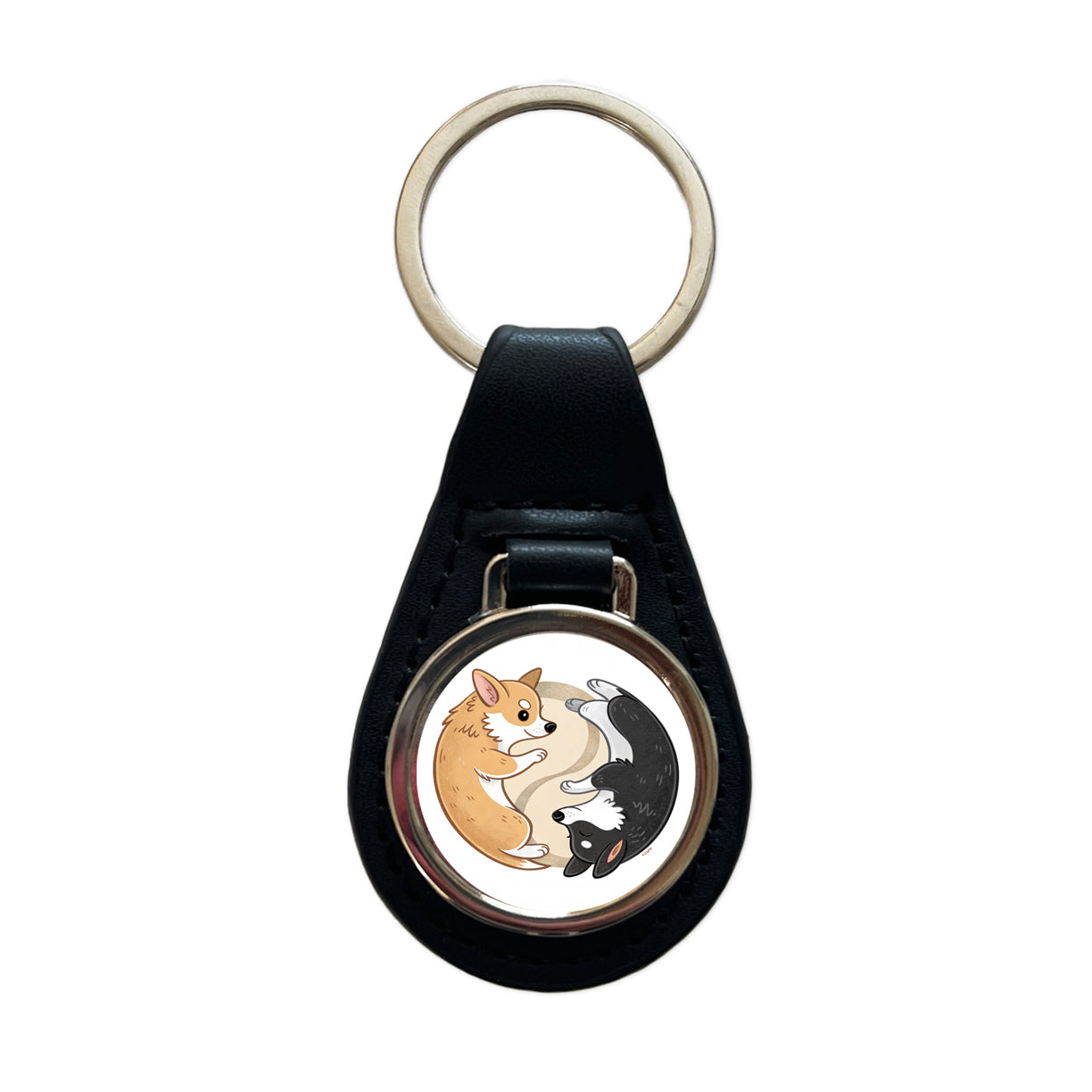 Two Corgis Yin Yang Dogs Cute Black Leather Metal Keychain