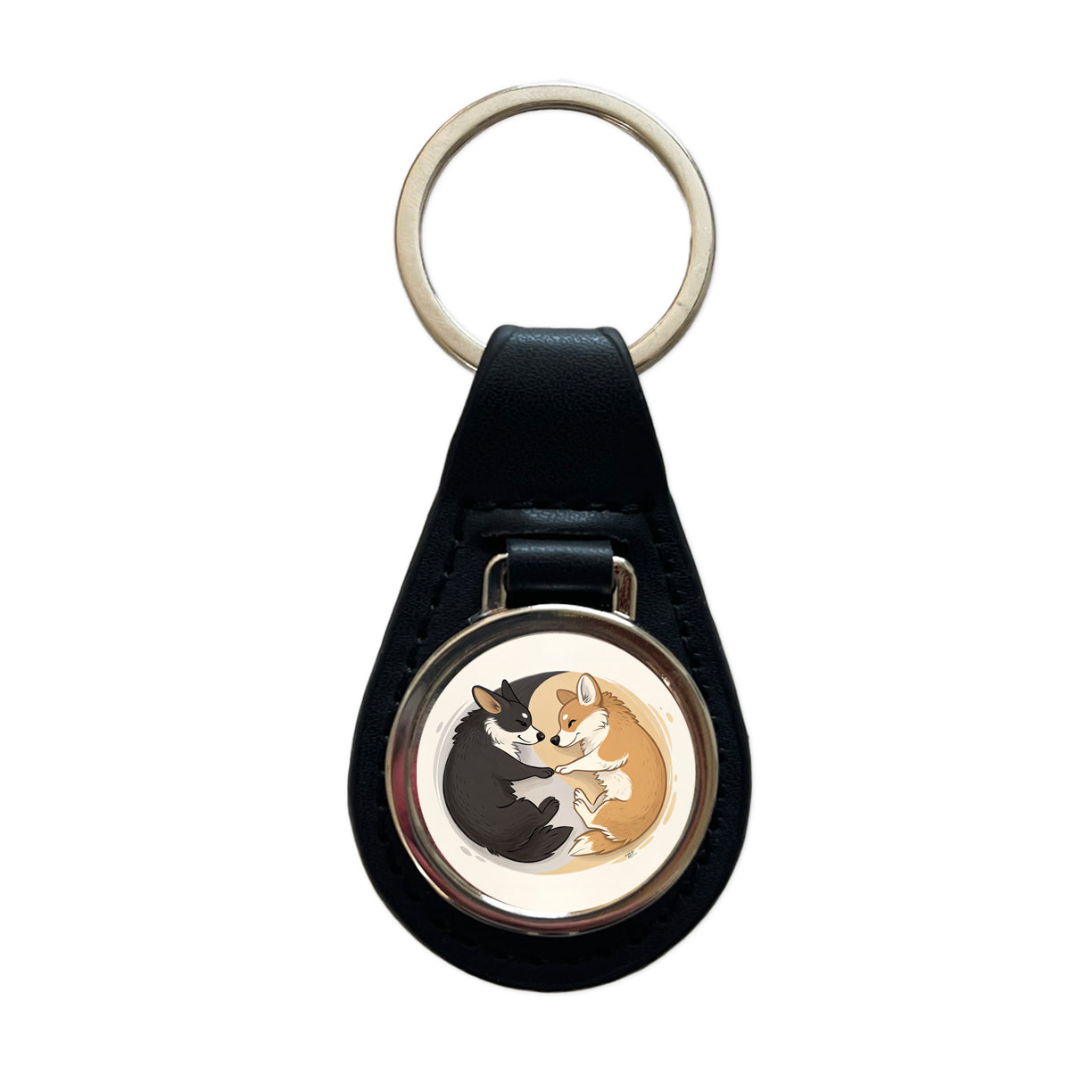 Two Corgis Yin Yang Dogs Black Leather Metal Keychain