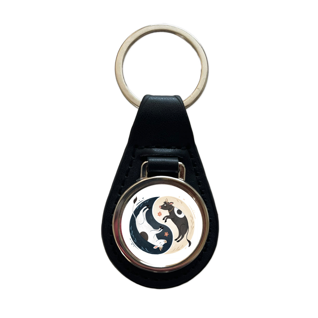 Two Cows Yin Yang Illustration Black Leather Metal Keychain