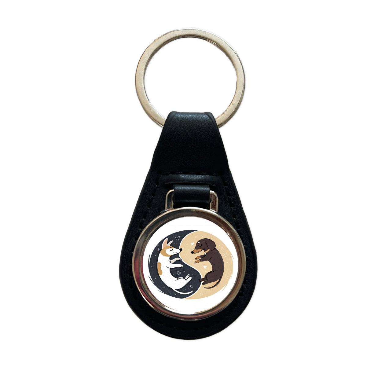 Two Dogs Yin Yang Illustration Black Leather Metal Keychain